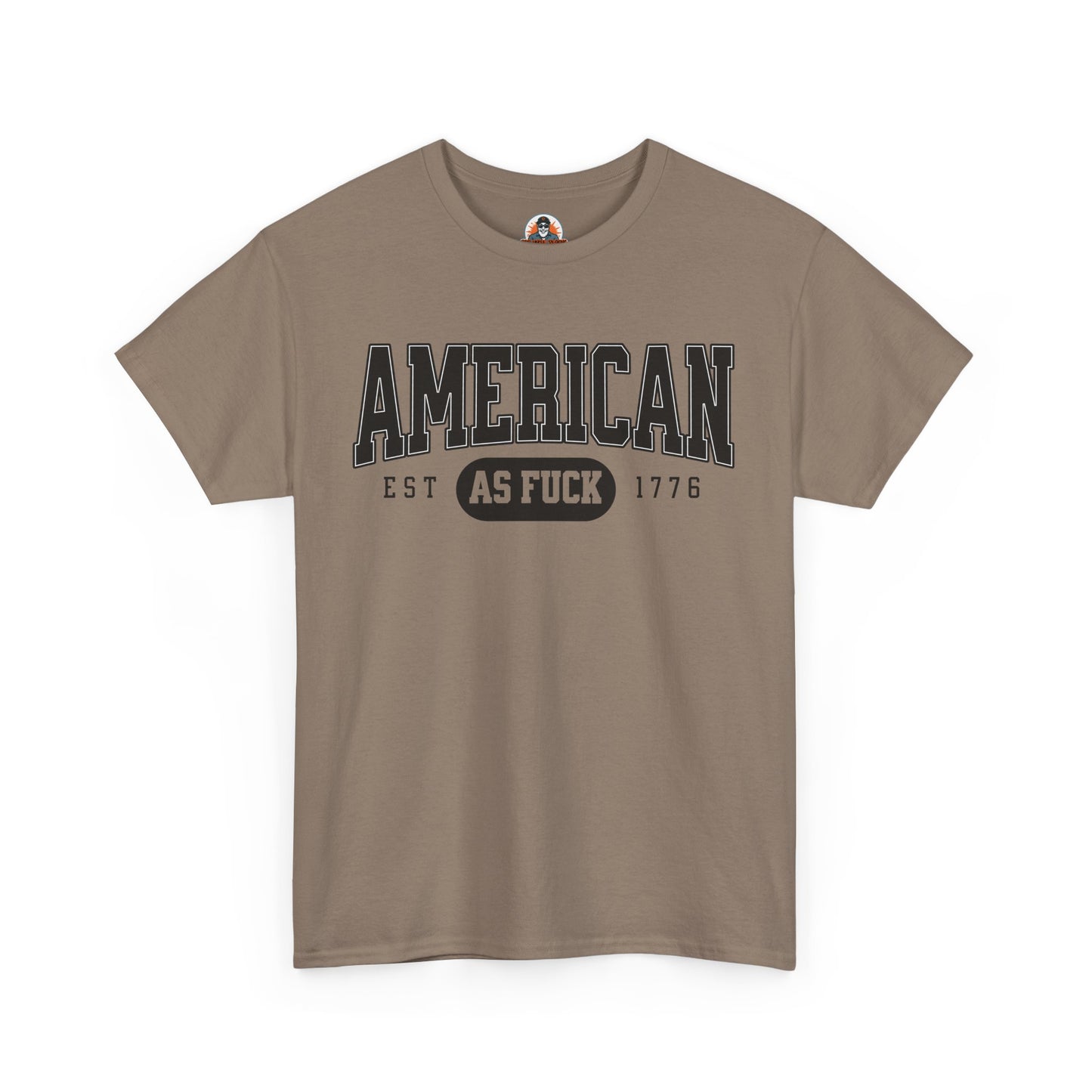 Brown t-shirt with 'American as F**k' text on a white background