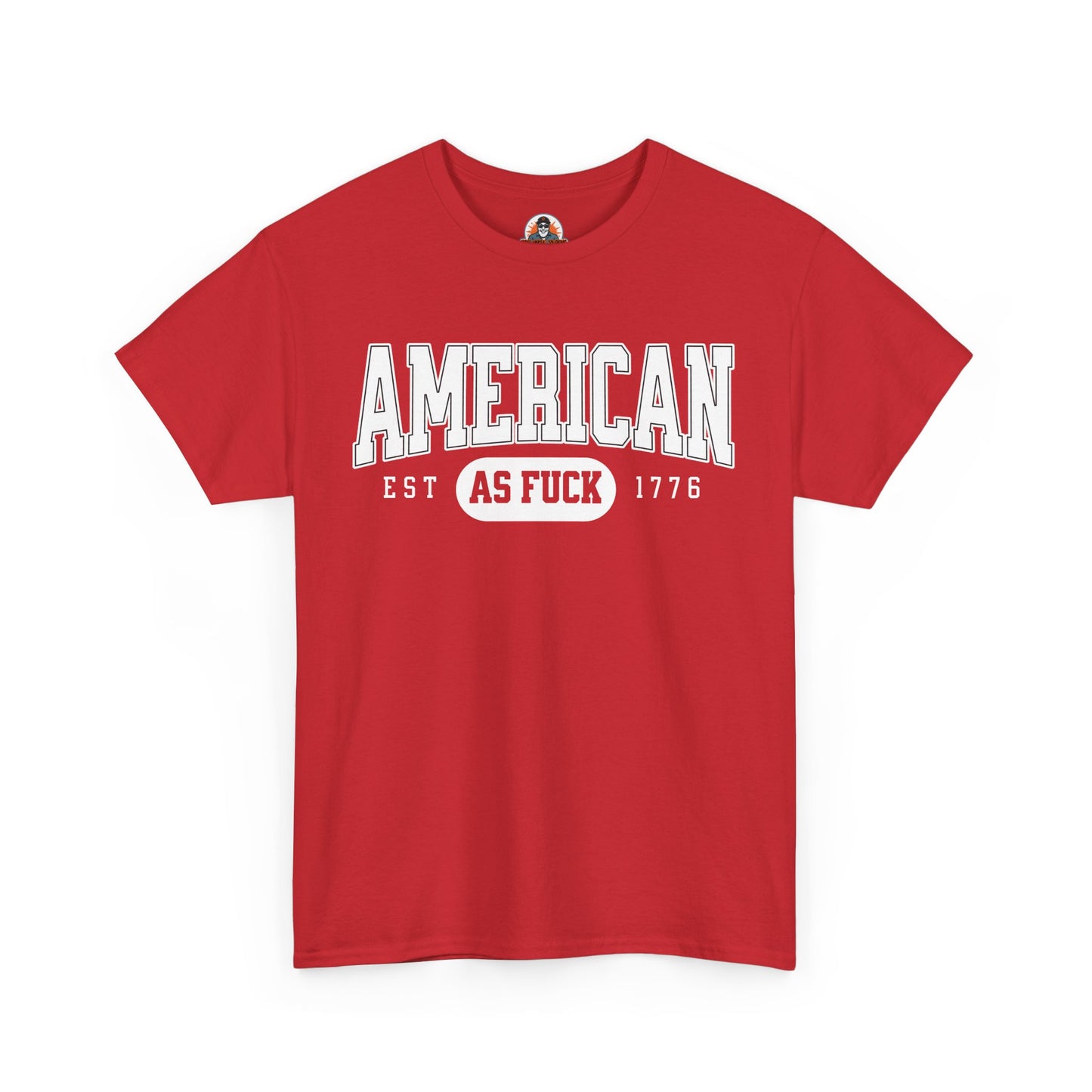Red t-shirt with white text 'AMERICAN AS FUCK' on a white background
