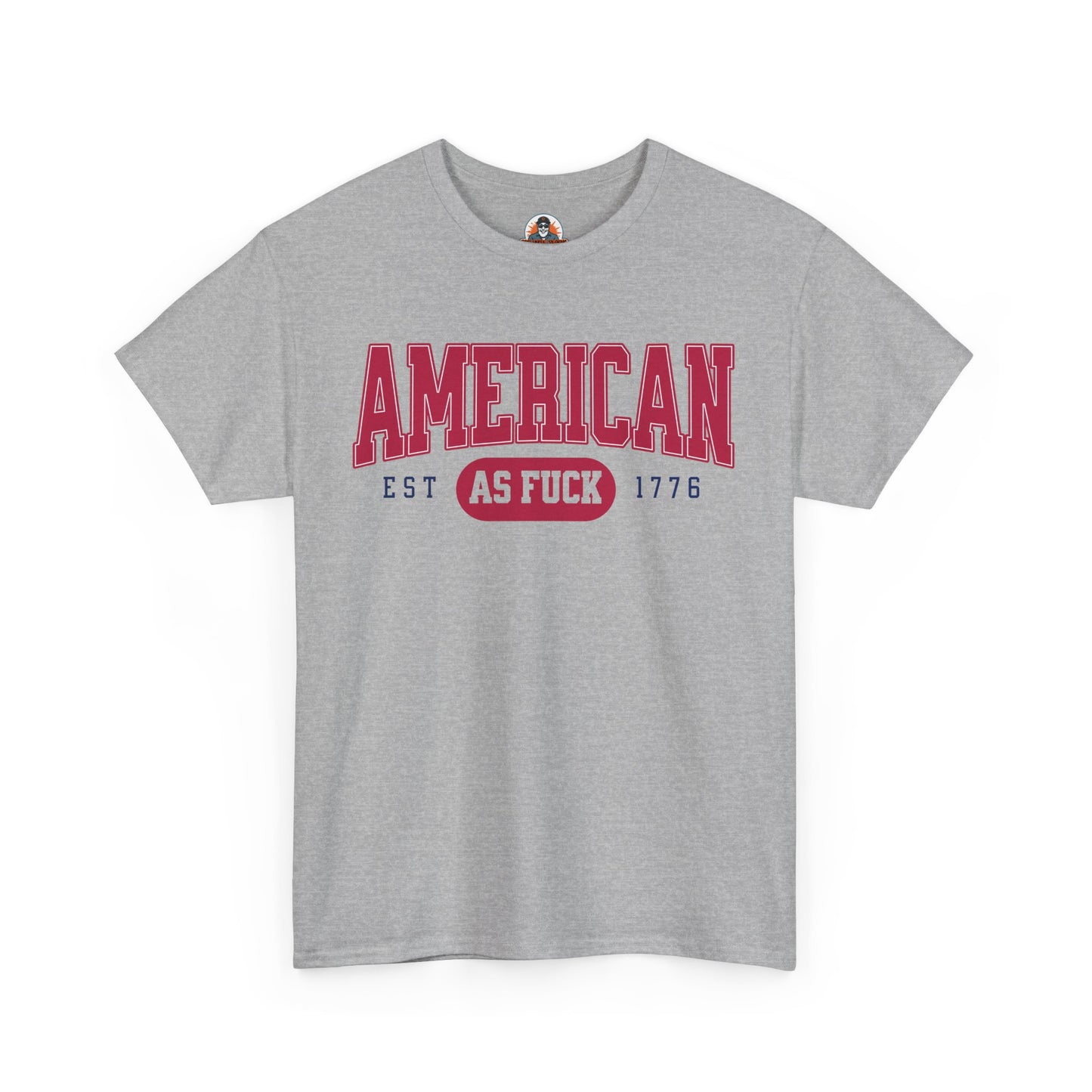 Gray t-shirt with red and white text on a white background