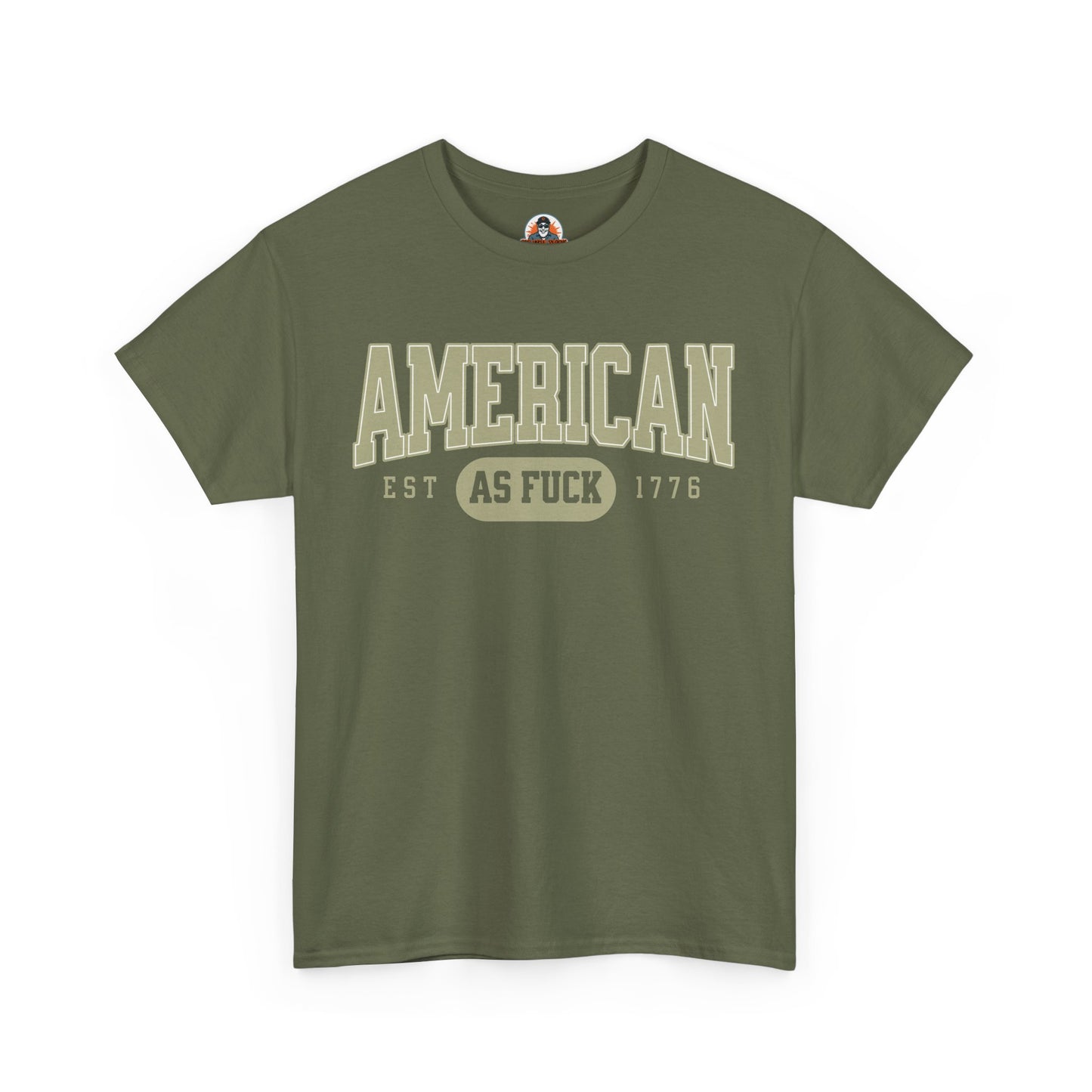 Green t-shirt with 'American as Fuck' text on a white background