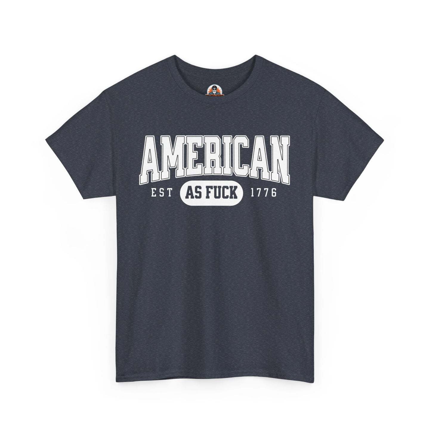 Navy blue t-shirt with 'American as Fuck' text on a white background