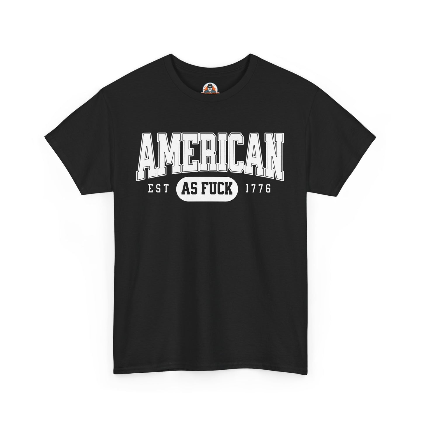 Black t-shirt with 'AMERICAN AS FUCK 1776' text on a white background