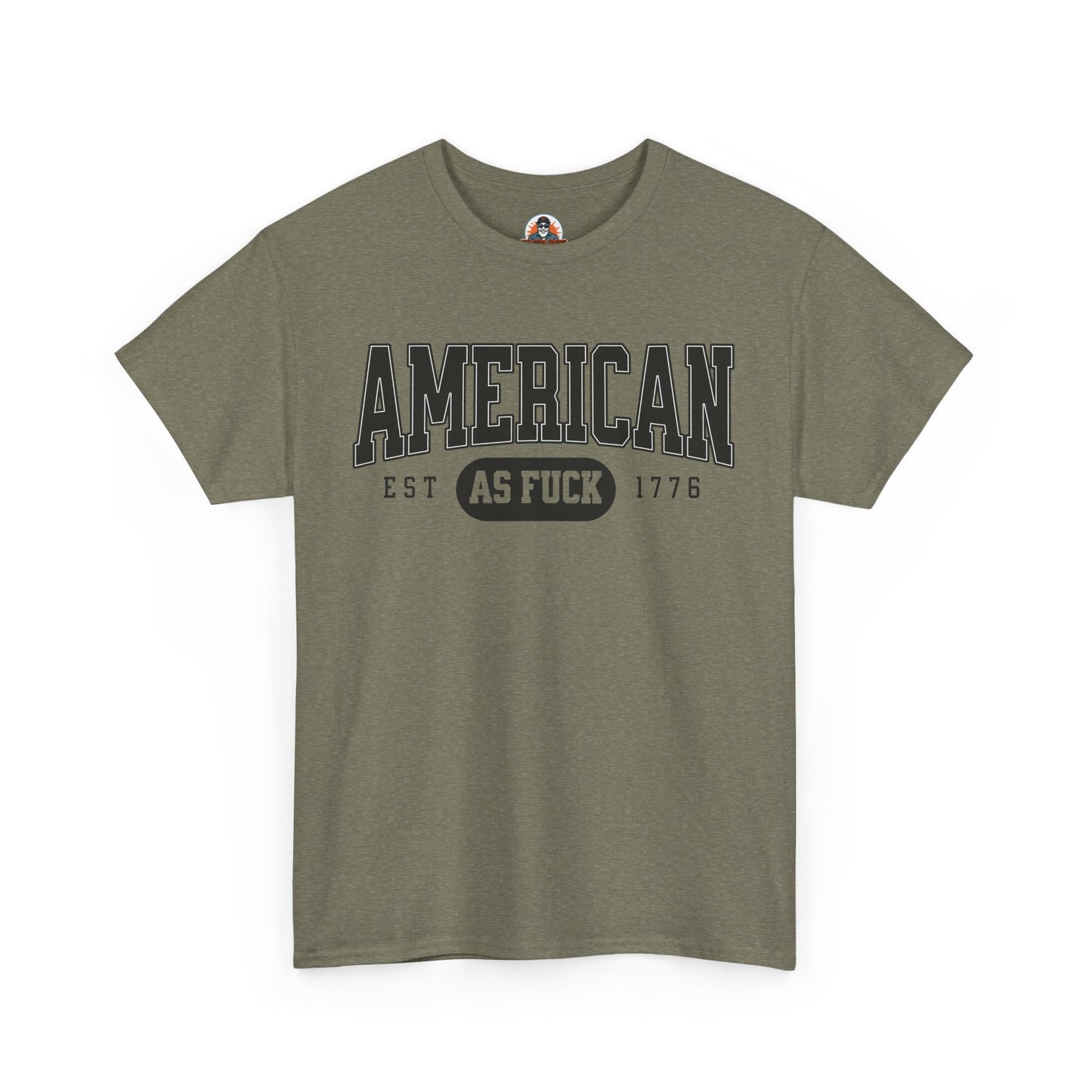 Green t-shirt with 'American as Fuck' text on a white background