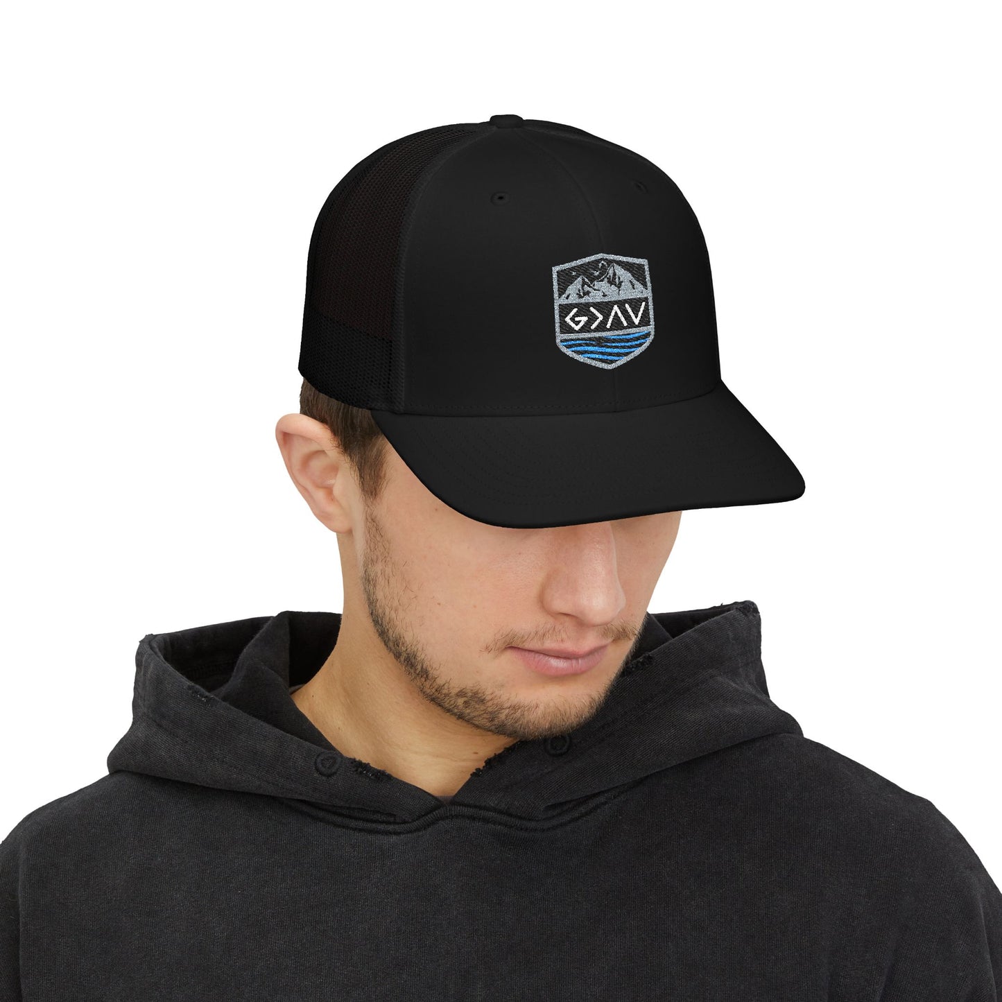 Embroidered Mountain Wave Trucker Cap — Outdoor Adventure Snapback