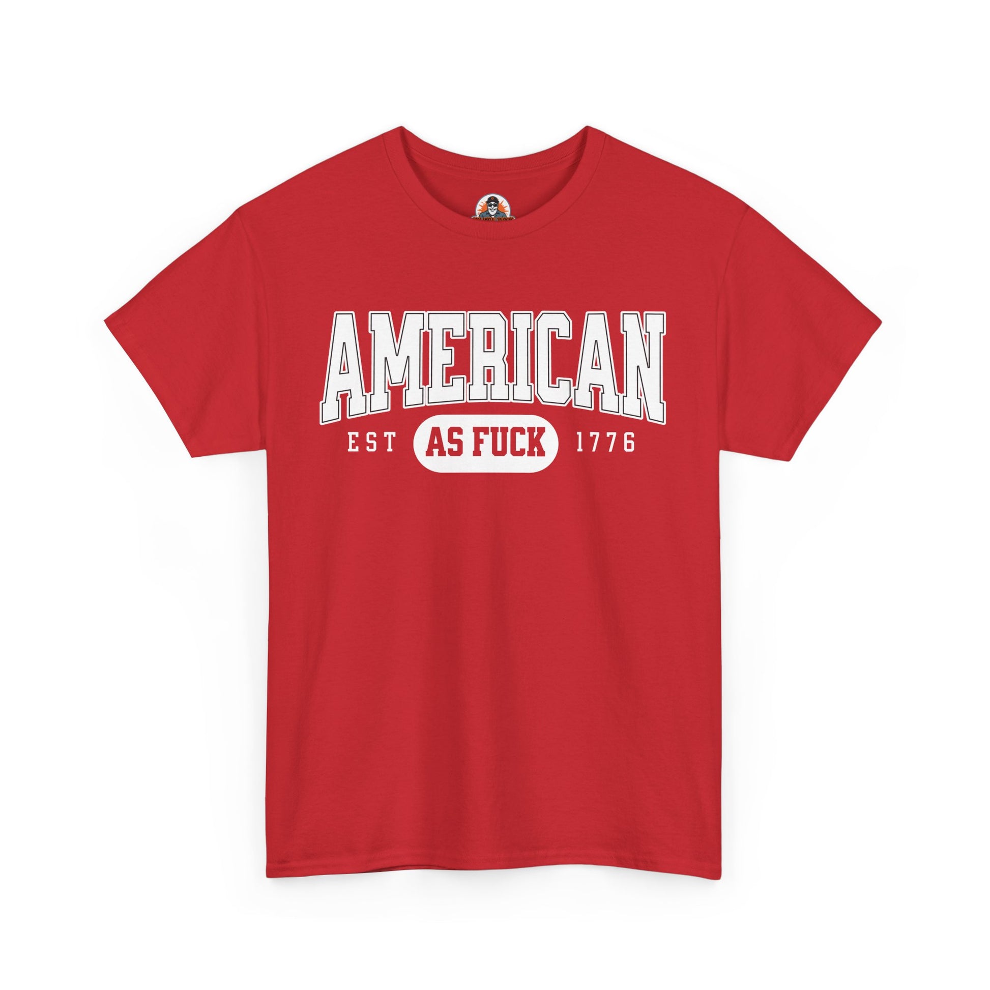 Red t-shirt with white text 'AMERICAN AS FUCK' on a white background