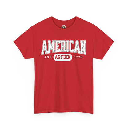 Red t-shirt with white text 'AMERICAN AS FUCK' on a white background