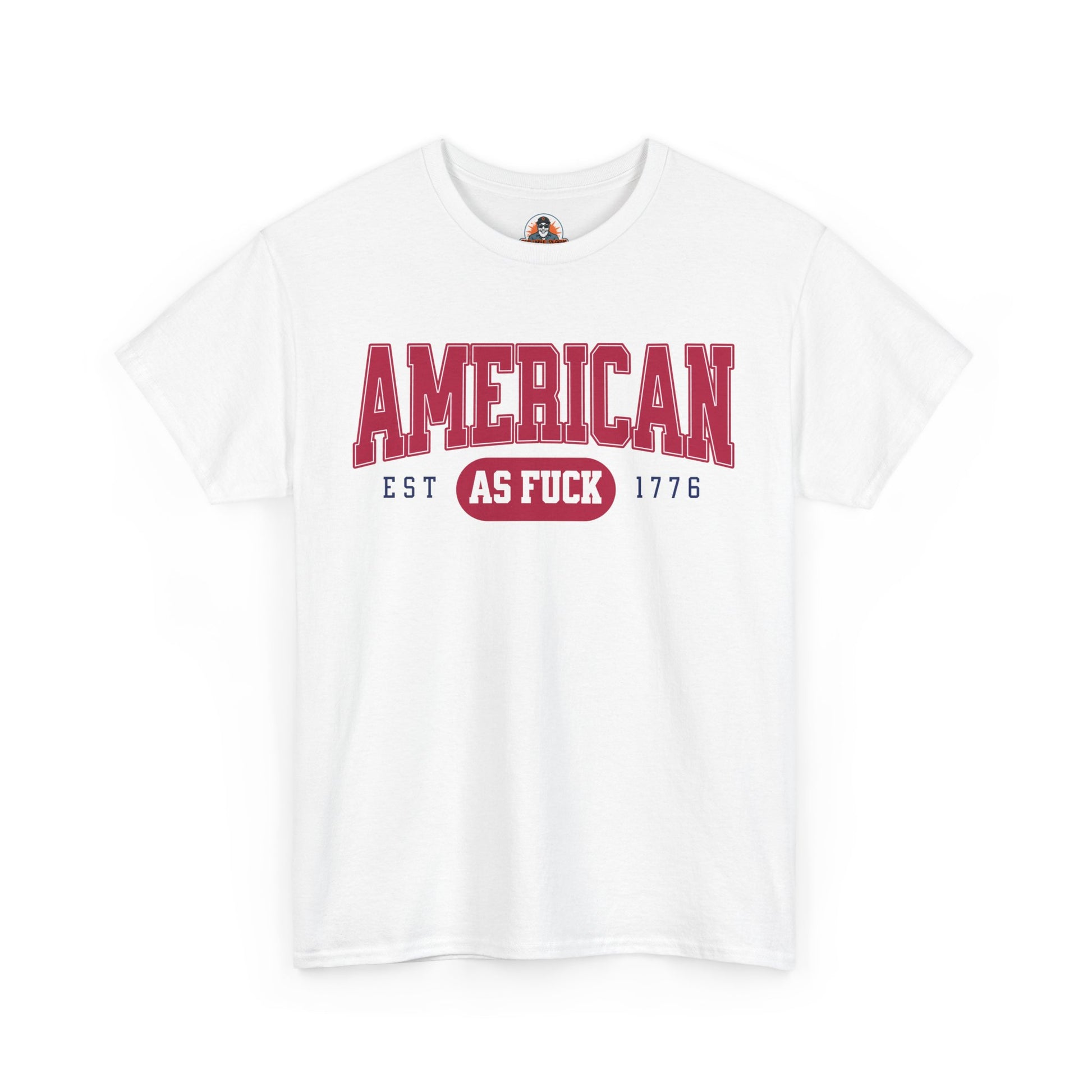 White t-shirt with red and black text on a white background