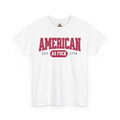 White t-shirt with red and black text on a white background