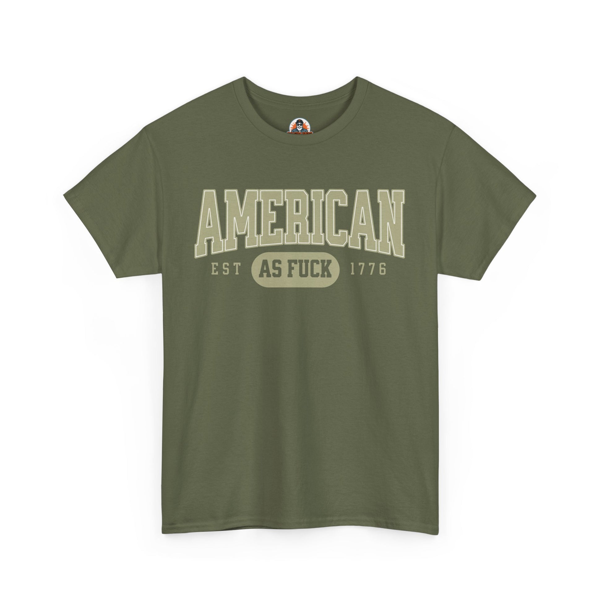Green t-shirt with 'American as Fuck' text on a white background