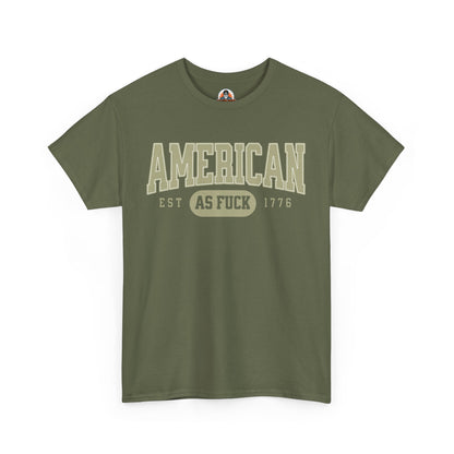 Green t-shirt with 'American as Fuck' text on a white background