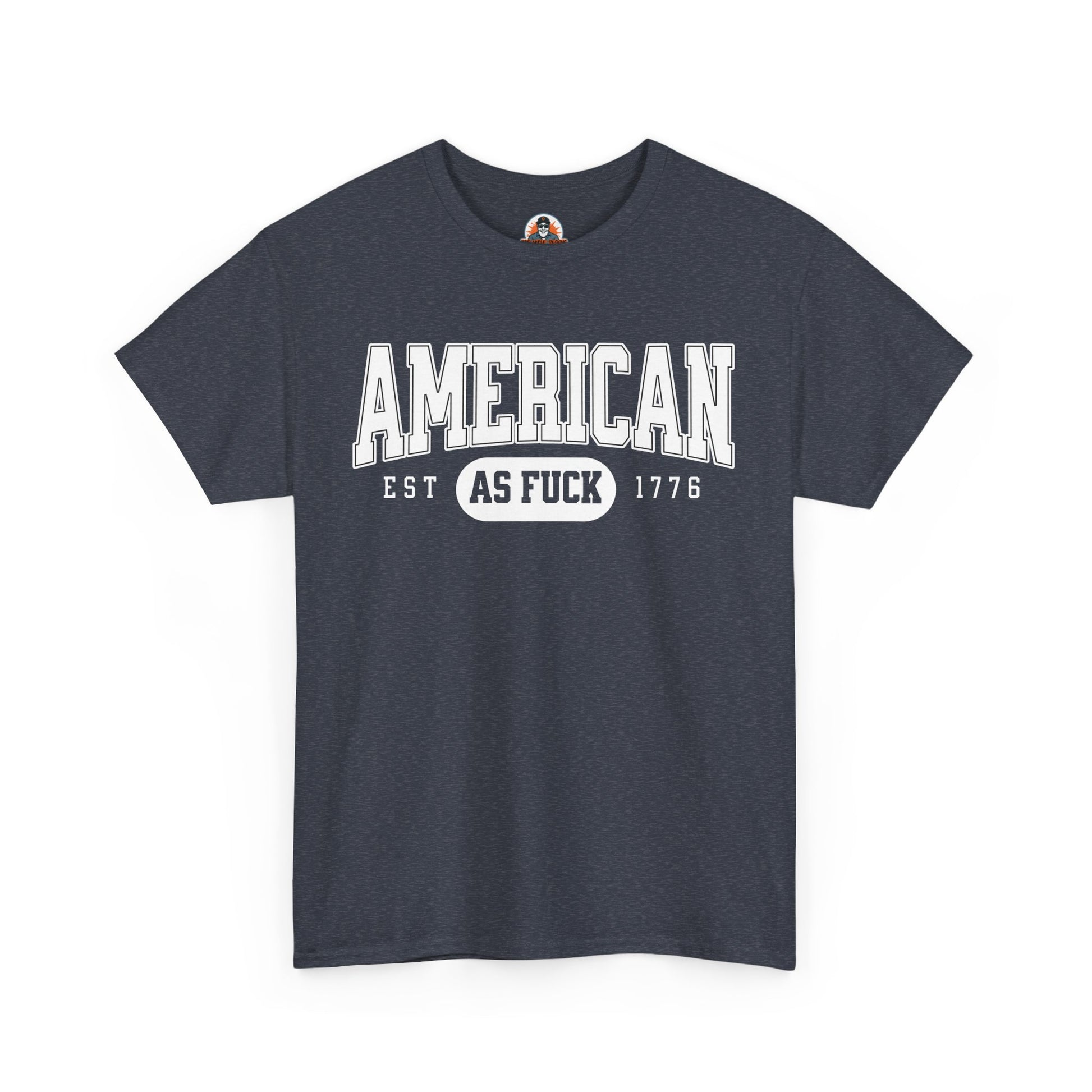 Navy blue t-shirt with 'American as Fuck' text on a white background