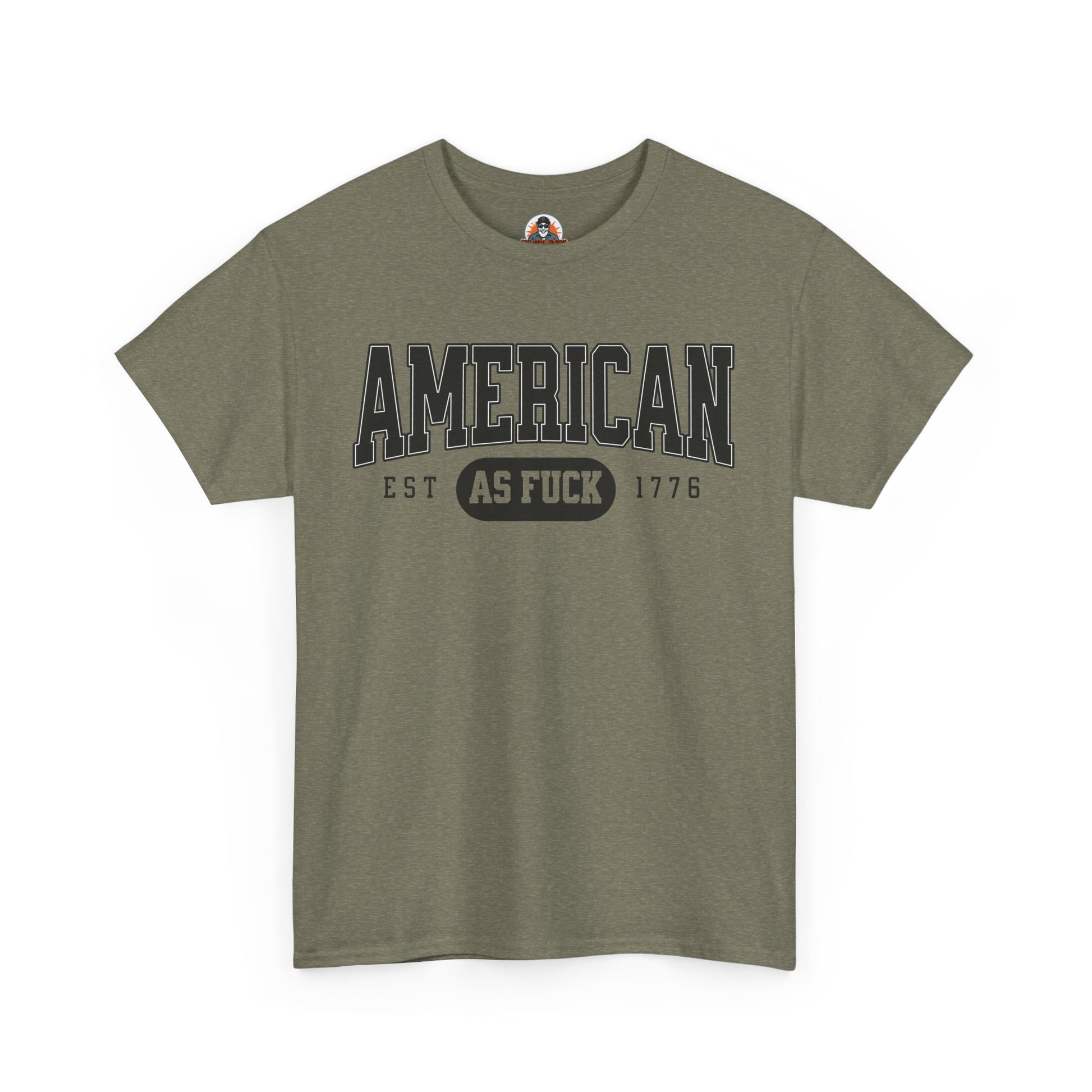 Green t-shirt with 'American as Fuck' text on a white background