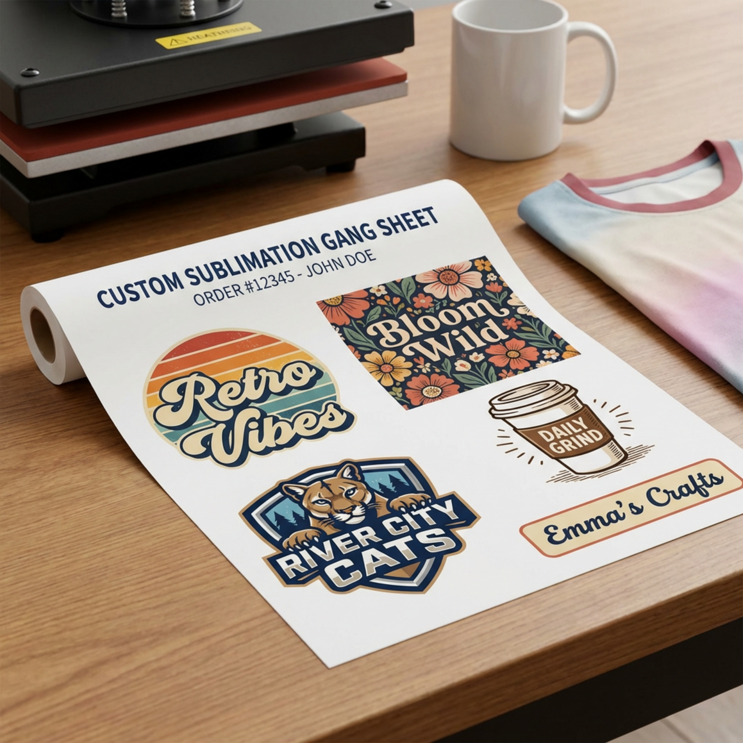 sublimation gang sheet sitting on a table